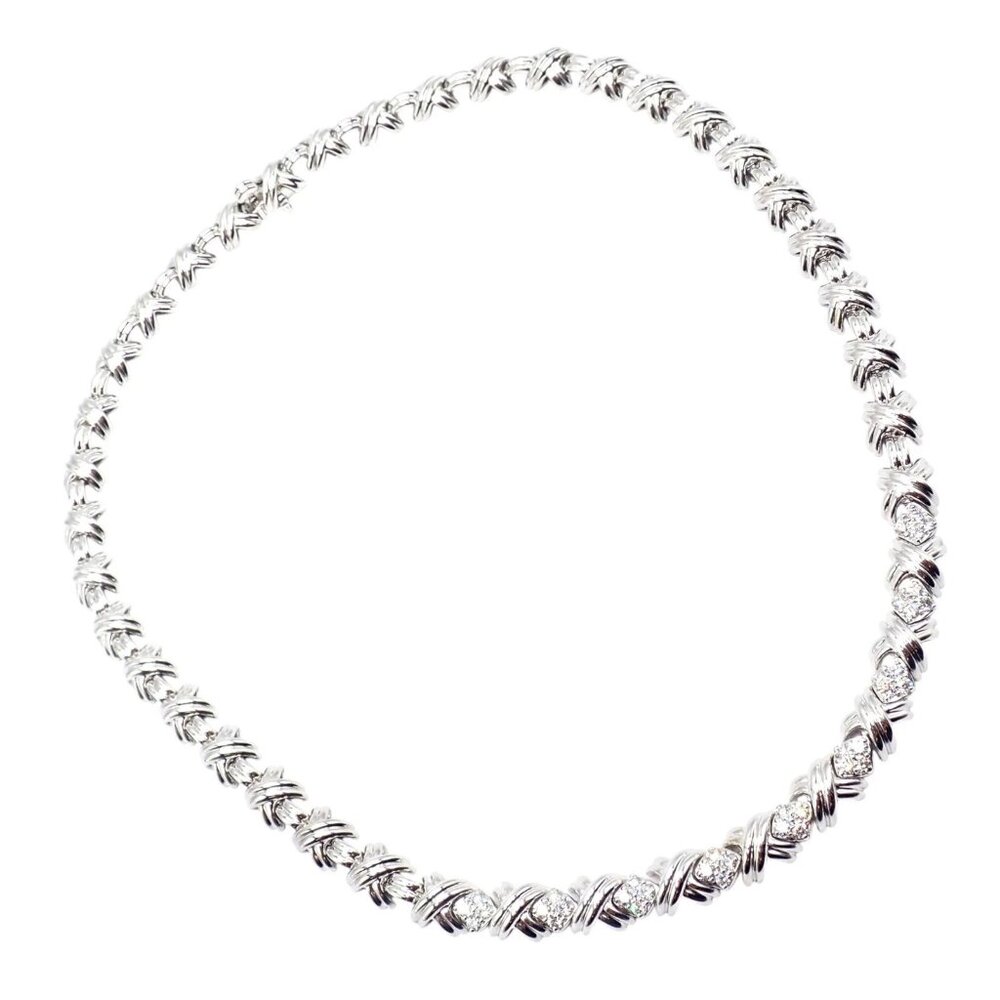 Authentic! Tiffany & Co 18k White Gold Diamond Cluster Signature X Link Necklace